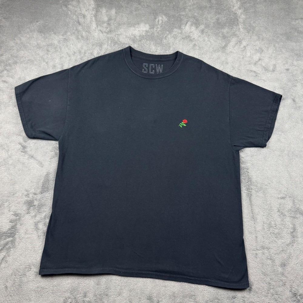 SCW Mens XL Black T-Shirt Small Embroidered Red Rose Cotton Short Sleeve Tee
